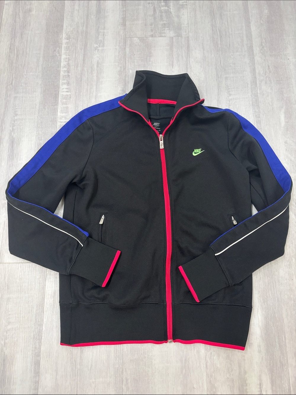 Nike Black Track Jacket with Blue Shoulder Stripes and Neon Green Swoosh Large